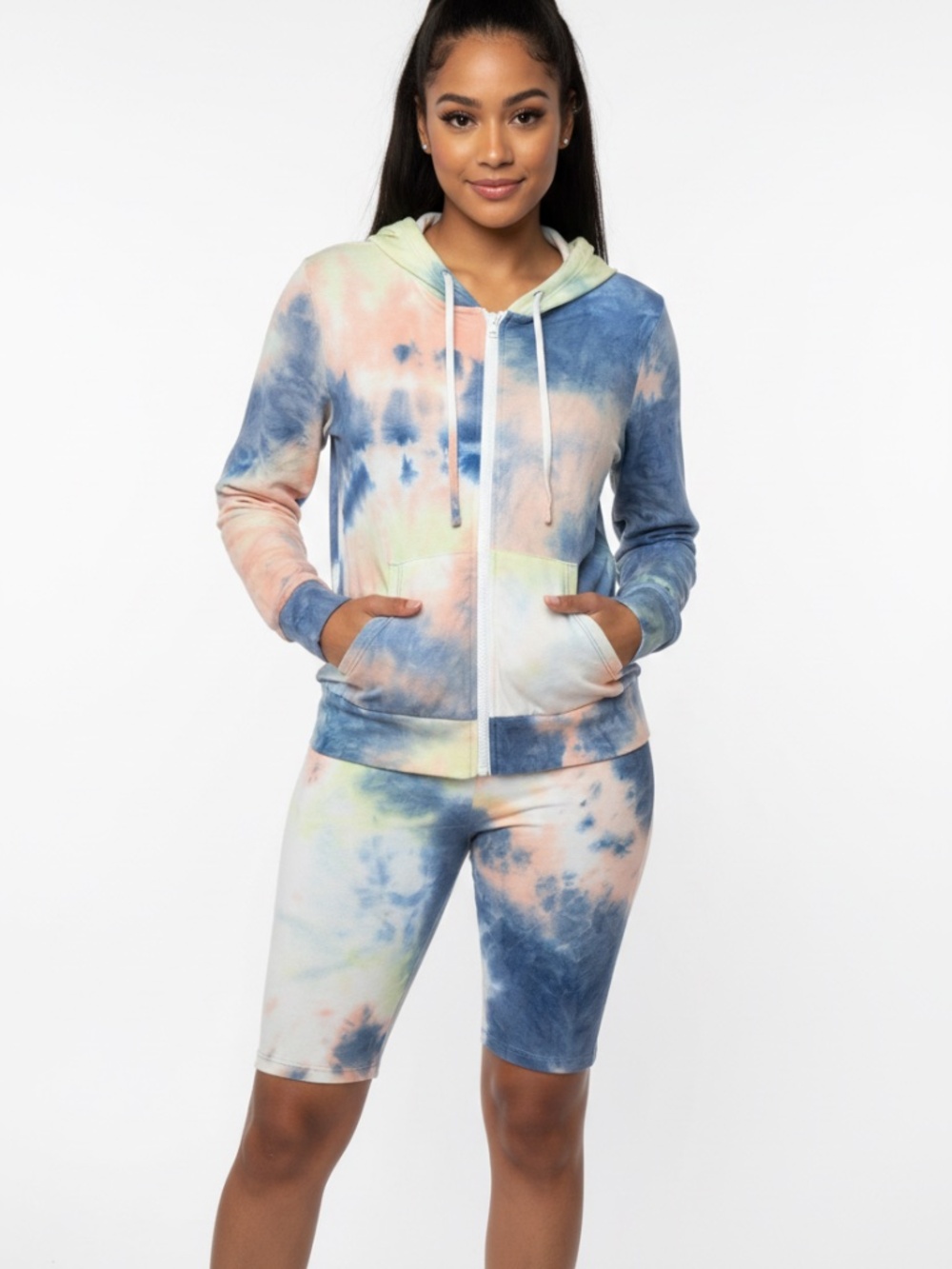 NEW 2 piece Tye Dye Print Hoodie Jacket with Biker Shorts Summer Spring M
